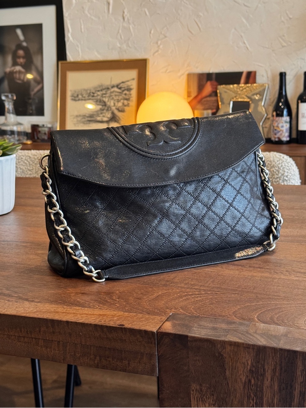 Tory Burch Fleming Quilted Black Leather Shoulder Fold Over Bag with Chain Strap
